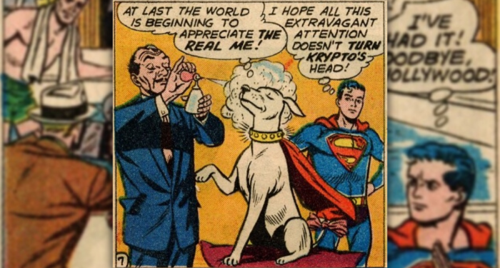 a panel from A snobbish Krypto is sprayed with perfume and later receives attention at the pool. Superboy walks away in disgust.