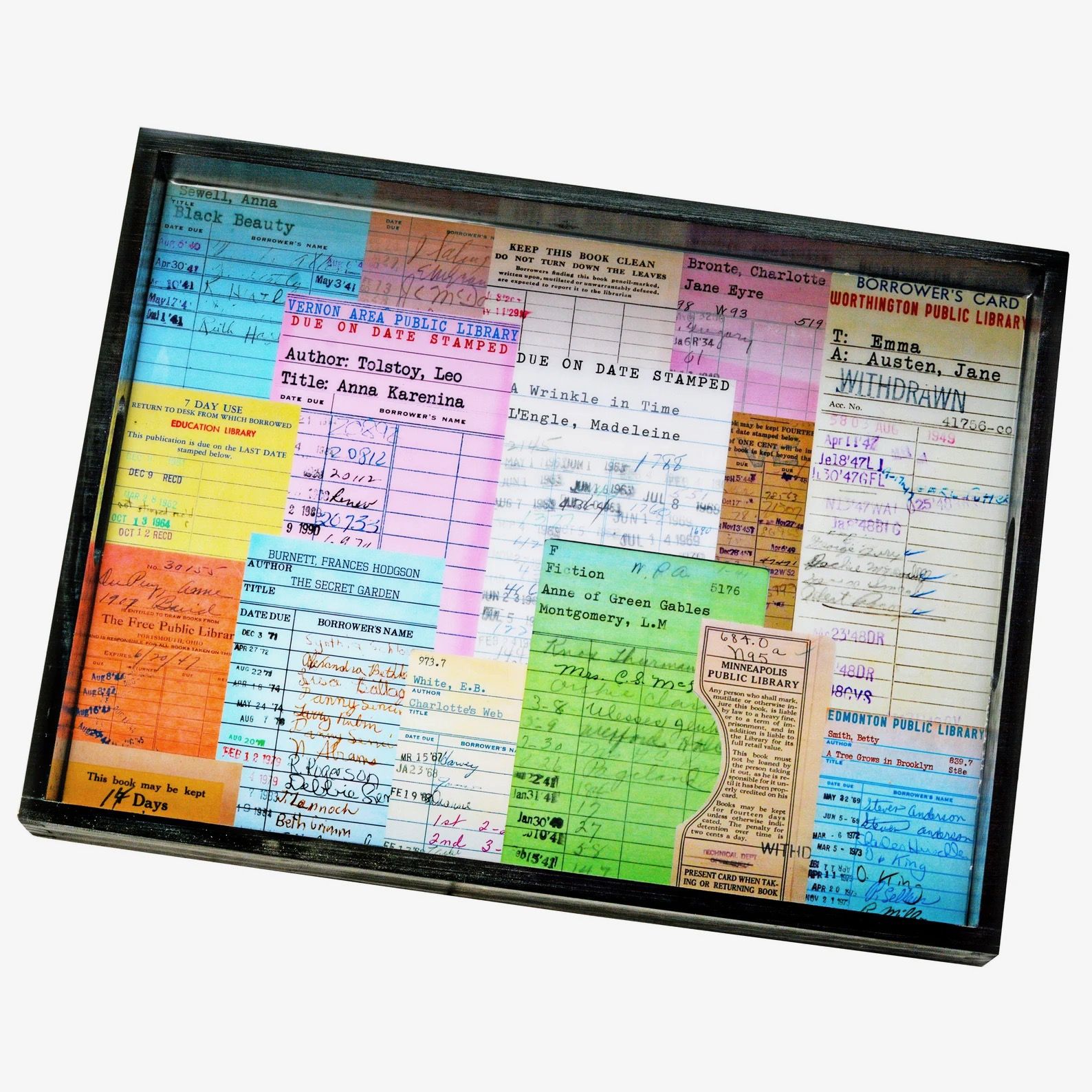 A rectangular serving tray decorated with a selection of colorful library due date cards.