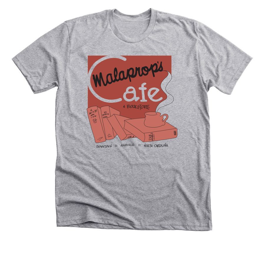 gray t-shirt with a vintage red book design and text that reads "Malaprop's Cafe and Bookstore"