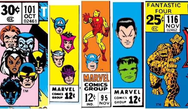 Five corner boxes:

X-Men: Floating heads of Banshee, Colossus, Storm, Wolverine, Cyclops, and Nightcrawler.

Avengers: Floating heads of Captain America, Scarlet Witch, Quicksilver, and Hawkeye.

Tales of Suspense: Full body shot of Iron Man and floating head of Captain America.

Tales to Astonish: Floating heads of Namor and Hulk.

Fantastic Four: Full body shot of the Thing.