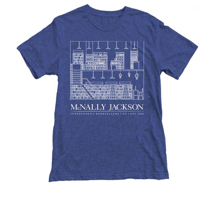 Blue t-shirt featuring a cross section of the McNally Jackson bookshop