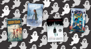 a collage of paranormal middle grade book covers against a pattern of ghost illustrations