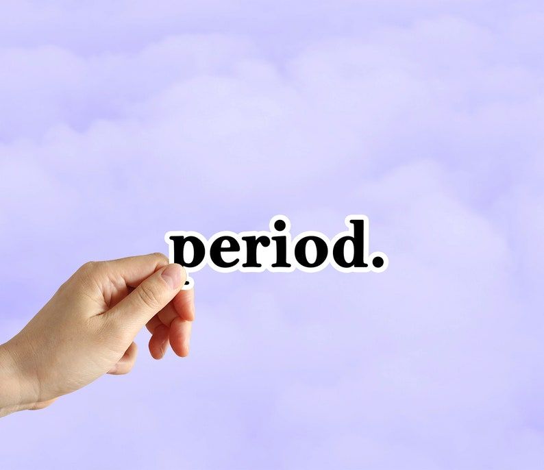 Image of a white hand holding a white sticker in front of a purple background. The sticker reads "period."