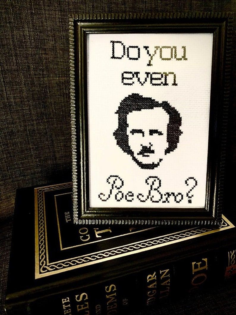 Image of a cross stitch that reads "Do you even Poe, bro?" with the image of Edgar Allan Poe. 