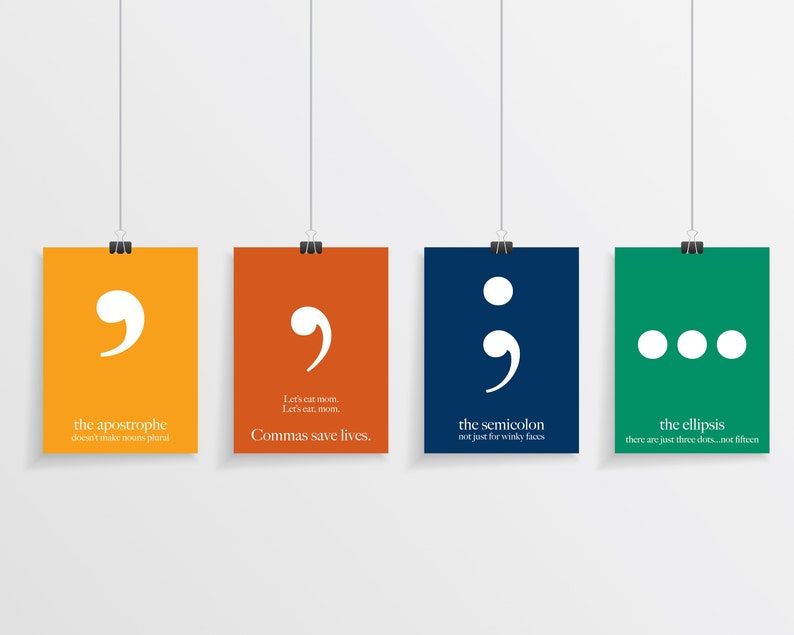 Four prints -- yellow, orange, blue, and green -- that each feature a punctuation mark and its meaning. 
