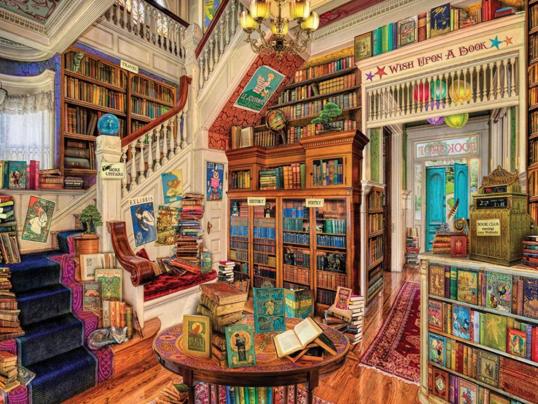 a puzzle showing an illustration of a bookstore crowded with books