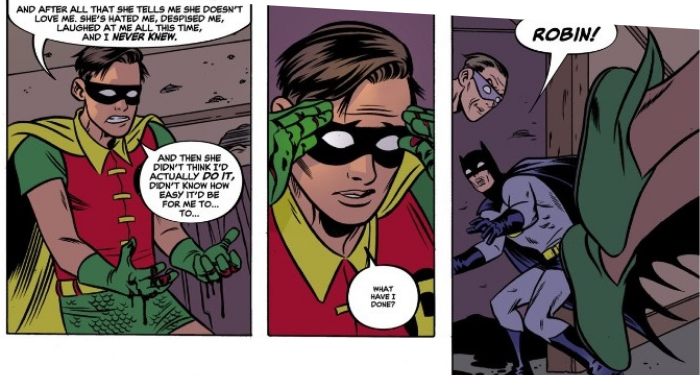 three panels showing Robin with blood on his hands saying "What have I done?" while Batman bursts into the room and sees a body