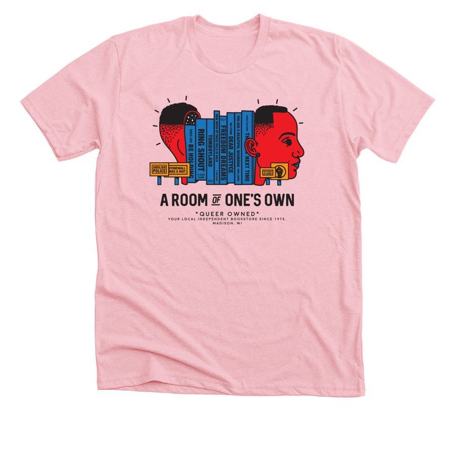 A pink t-shirt with a bookshelf and book ends featuring BLM, Abolish the Police, and Stonewall was a Riot signs.