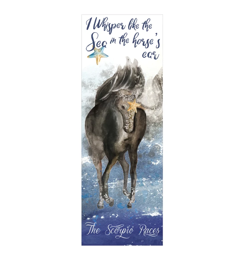 Painting of a dark horse and the quote "I whisper like the sea in the horse's ear" on a bookmark