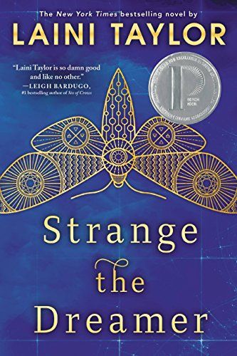 cover of Strange the Dreamer by Laini Taylor: a gold drawing of a moth against a blue background