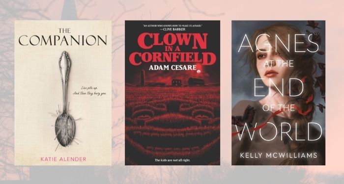 book covers for The Companion, Clown in a Cornfield, and Agnes at the End of the World
