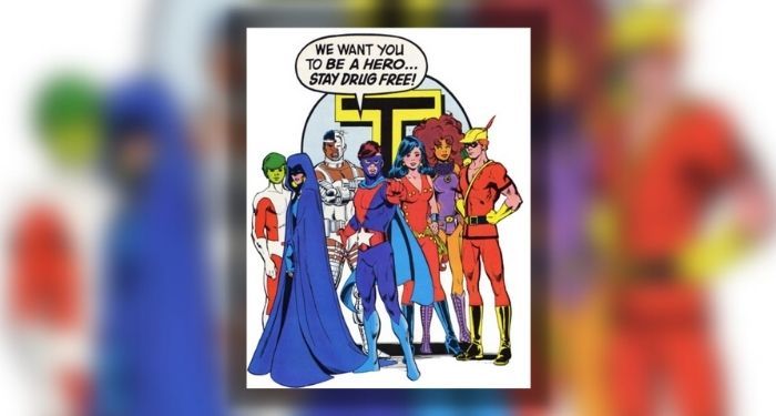 An image of the Teen Titans standing together and looking at the reader as the Protector urges us to "stay drug free!"