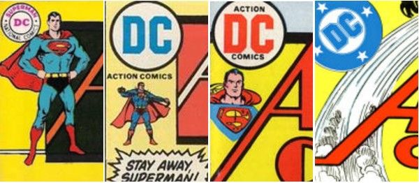 Four corner "boxes" (really just areas) from Action Comics. The first shows a full-figure drawing of superman with a DC logo floating above his right shoulder. The second shows a much smaller Superman below a different DC logo. The third shows just Superman's head and chest below a third logo, and the fourth simply shows the DC "bullet logo," which is a circle with the letters "DC" inside at a 45 degree angle, surrounded by four evenly placed stars.