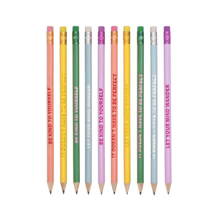 set of pencils in assorted colors, each containing phrases like 