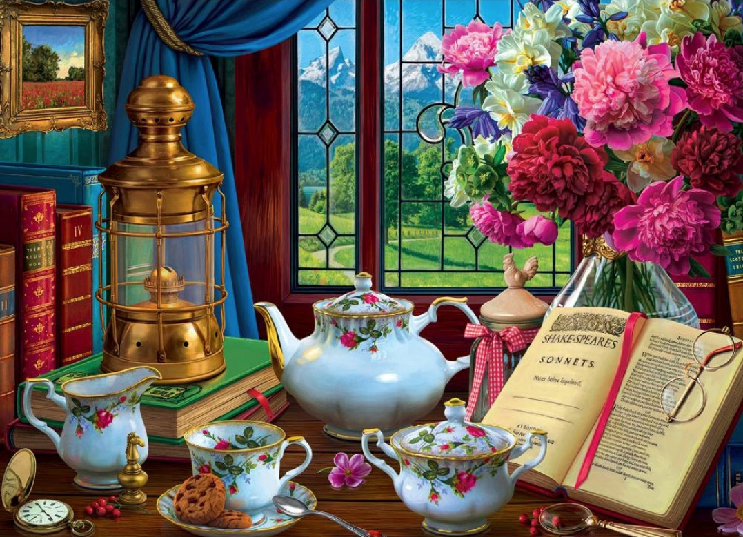 a puzzle with the illustration of a tea set next to a set of books and an open copy of Shakespeare's Sonnets