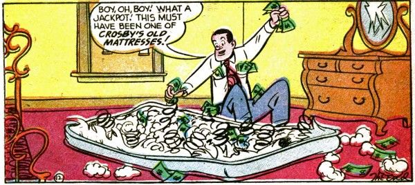 A panel from Bob Hope #1. Hope gleefully pulls cash out of a mattress, saying 