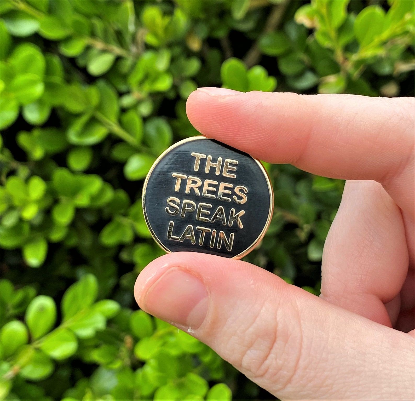 A small round enamel pin that reads "The trees speak Latin"
