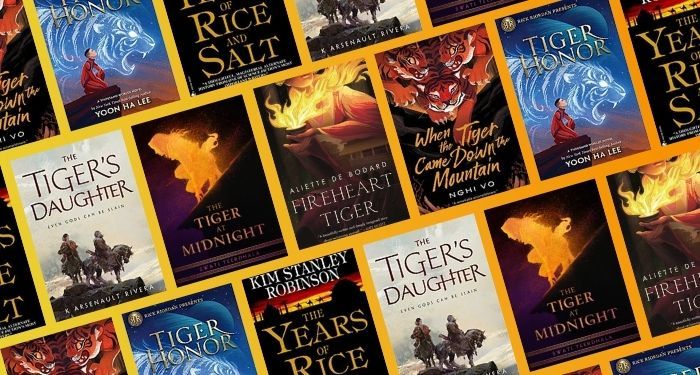 collage of five covers of fantasy books featuring tigers