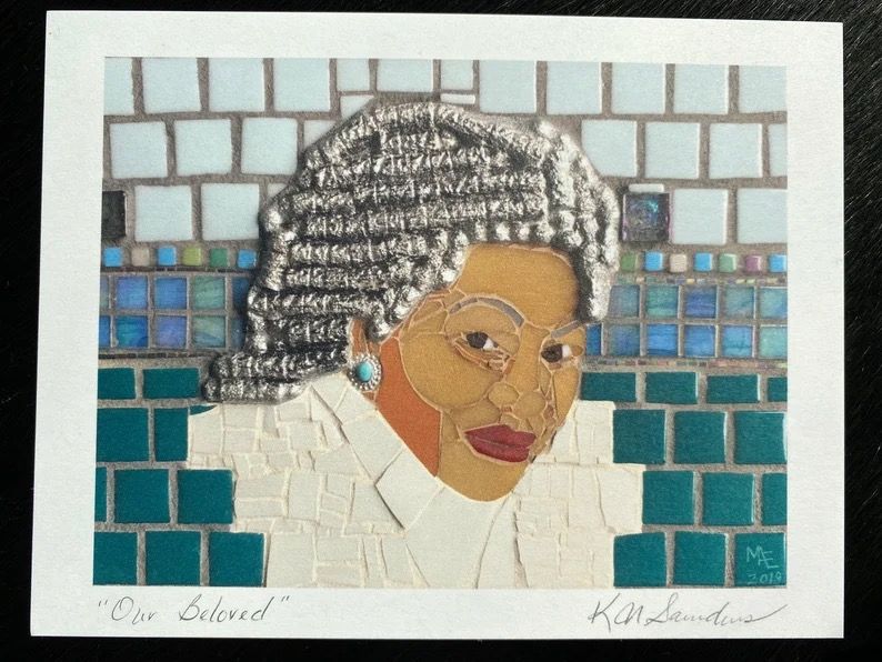 A postcard showing a multimedia collage portrait of Toni Morrison in front of a mosaic background. The image is titled "Our Beloved".