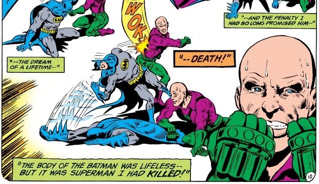 From Batman #293. A montage of Lex Luthor beating the stuffing out of Batman, which ends with Batman's "death."