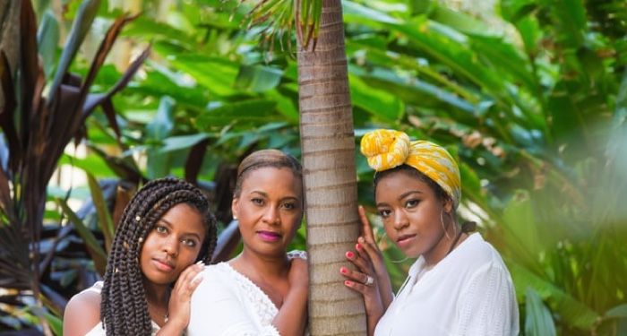 Black women by palm trees