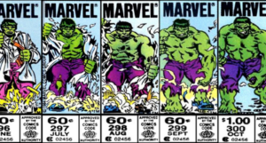 a series of Hulk comics corners showing a flipbook style progression of him tearing off a lab coat