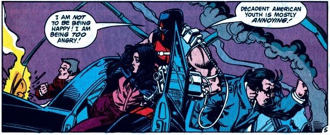 From Robin III #2. KGBeast holds a teen girl hostage as he rants about how annoying Robin is.