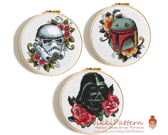 Star Wars cross stitch pattern bundle with Darth Vader, Boba Fett and a Stormtrooper
