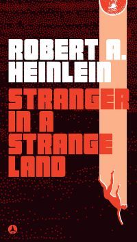 罗伯特·a·海因莱因的《异乡的陌生人》——书的封面——一个人从天空中坠落的插图，旁边是块状的文字