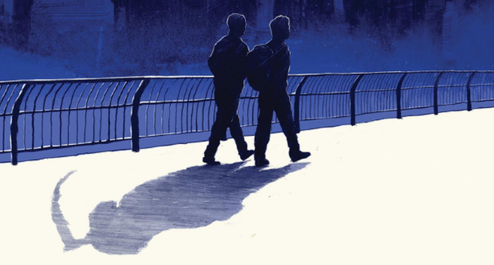 They Both Die at the End cropped cover, showing two teenage boys walking with their shadows in the shape of the grim reaper