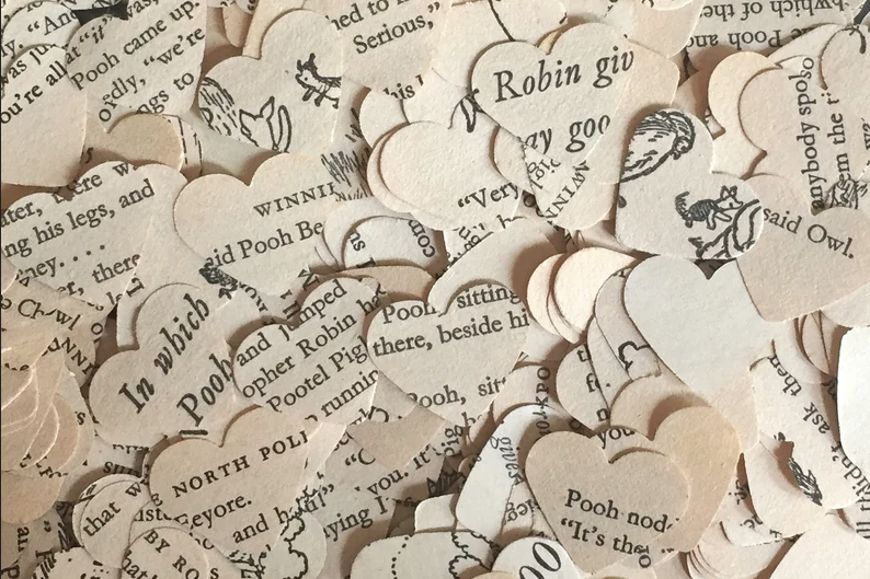 Heart-shaped confetti made from recycled Winnie the Pooh books