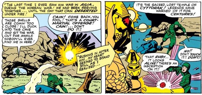 From X-Men #12. Korean War shelling reveals a hidden temple. Marko and Xavier rush in, with Marko grabbing for a shining ruby despite Xavier's warning.