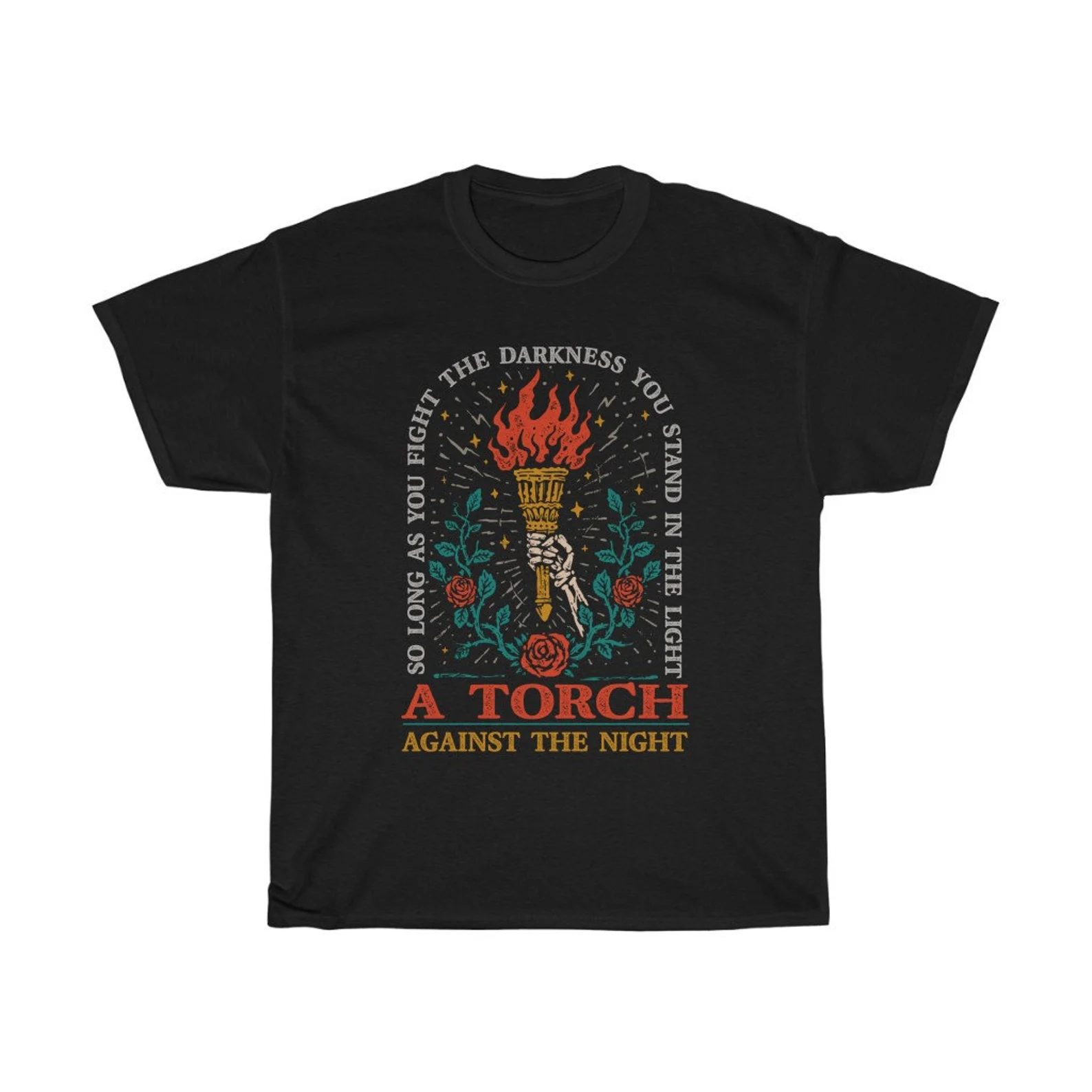 A black t-shirt with a torch and roses
