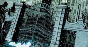 a comics panel showing Batman standing at the Arkham Asylum gates