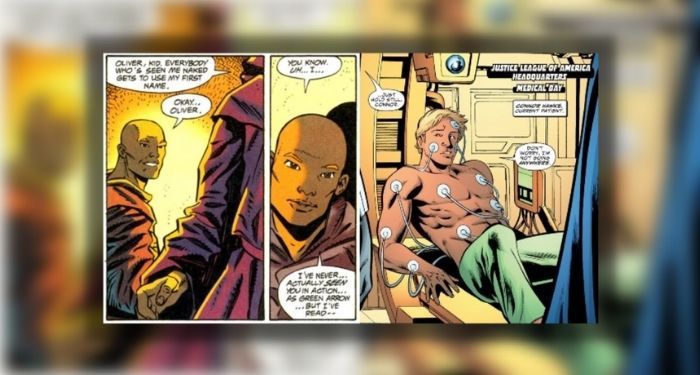 On the left are two panels from Green Arrow #0 featuring Connor Hawke with medium brown skin, a shaved head, blond eyebrows, and visibly Black and Asian features. On the right is one panel from Green Arrow/Black Canary #14 featuring Connor with light blond hair, white features, and a relatively fair complexion.