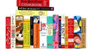 Jane Mount painting of cookbook spines