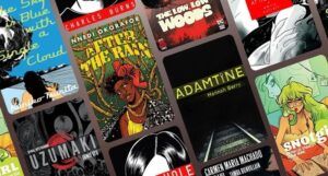 collage of eight covers of dark comics and graphic novels