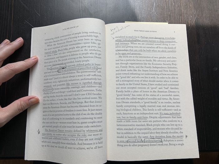 open book with underlined phrases and circled words