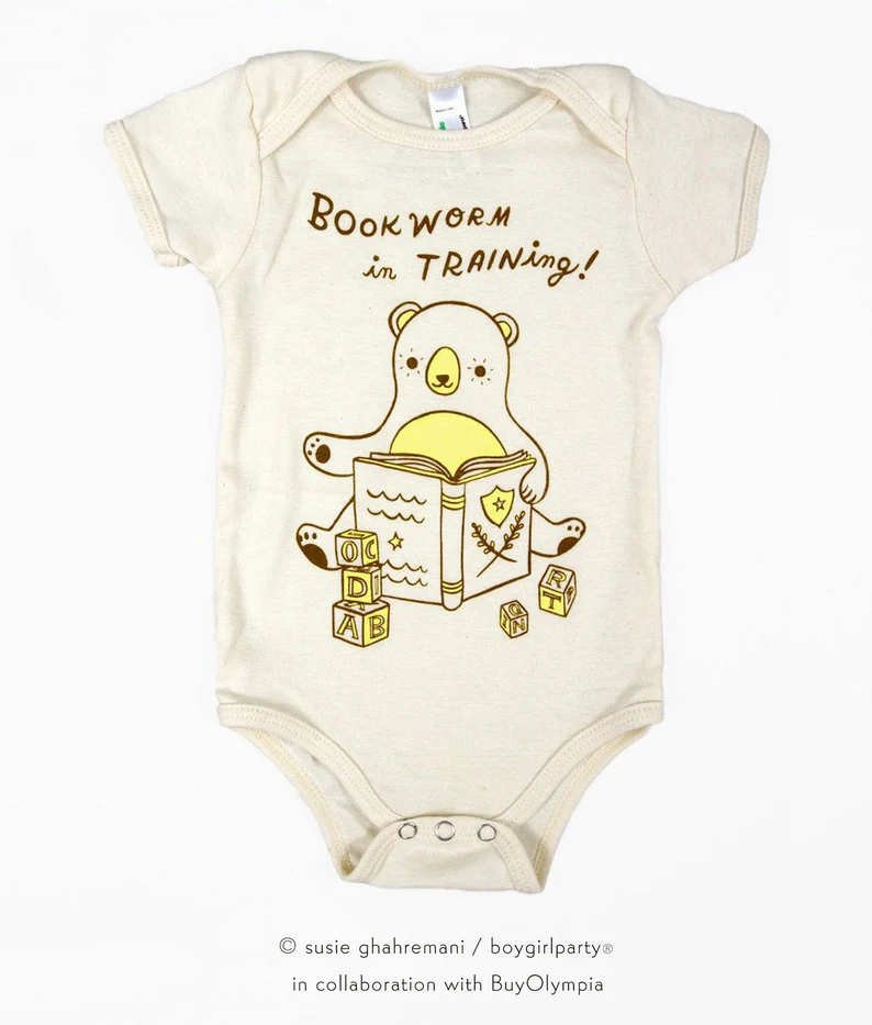 Future bookworm onesie with text reading "Bookworm in training!"