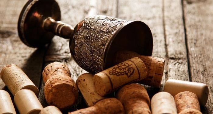 a medieval goblet and wine corks on a wooden table