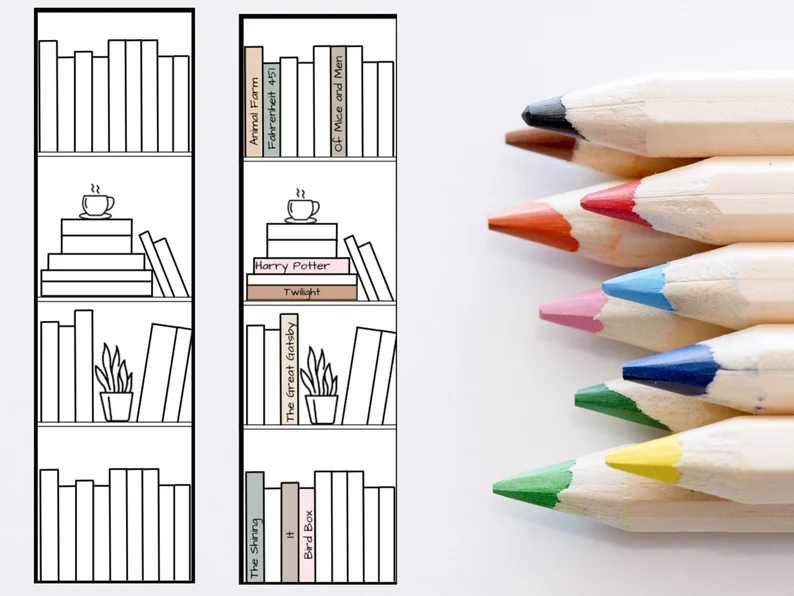 Image of two blank bookmarks featuring books on a shelf for coloring in. There are colored pencils on the right side of the image. 