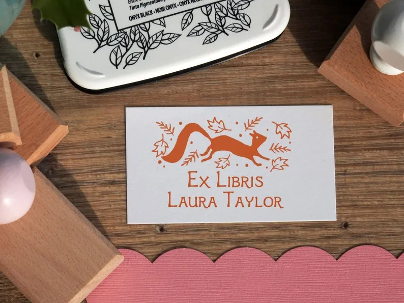 Image of an ex libris stamp with a squirrel on it.. 