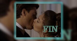still frame from telenovela Maria la del Barrio in which actors Fernando Colunga and Thalía are kissing with the word "Fin" (Spanish for "the end") on the screen