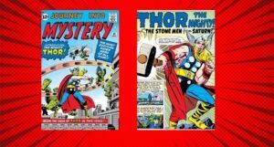 two early Thor comics set against red comic themed background