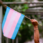 a photo of someone holding up a trans flag