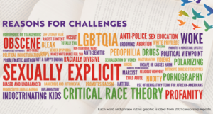 the ALA reasons for book challenges word cloud