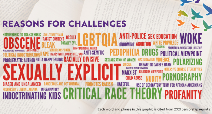 the ALA reasons for book challenges word cloud