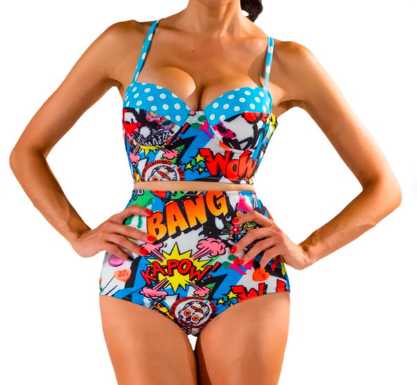 Person modeling retro high-waisted bikini with a colorful pop art, comic book inspired print