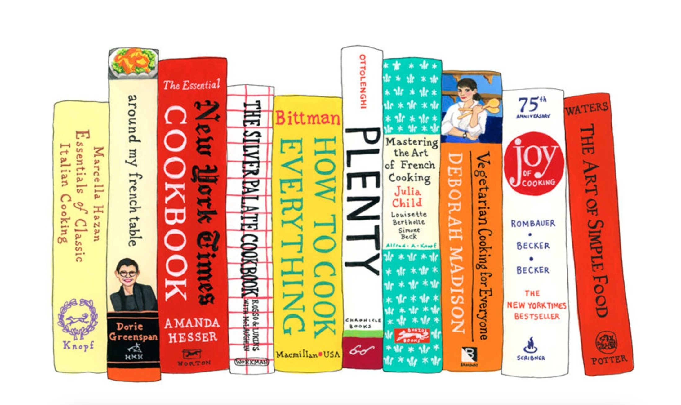 A illustrated print of a shelf of colorful cookbooks, spines out, drawn to look exactly like the spines of the actual cookbooks.