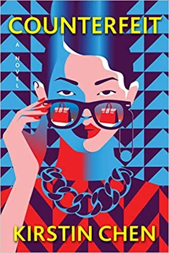 cover of Counterfeit by Kirstin Chen; illustration of young Asian woman tipping down sunglasses which are reflecting a red shopping bag
